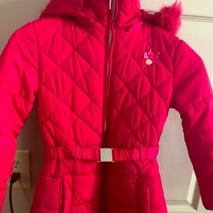 Girls pink coat with hood and belt, EU 128 or Size 5